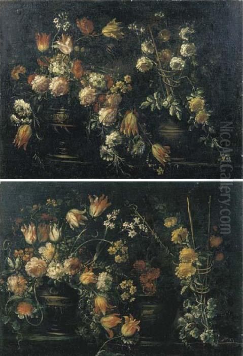 Tulipani, Rose, Garofani, 
Campanule E Altri Fiori In Due Vasi Su Un Piano Di Pietra; E Tulipani, 
Rose, Garofani, Campanule In Due Vasi Su Un Piano Di Pietra Ed Altri 
Fiori Su Un Traliccio Oil Painting by Elisabetta Marchioni