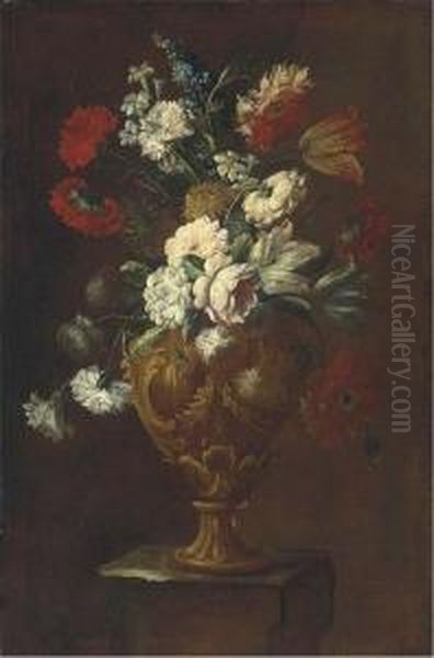 Parrot Tulips, Roses, Carnations And Other Flowers In A Sculptedvase On A Pedestal Oil Painting by Elisabetta Marchioni