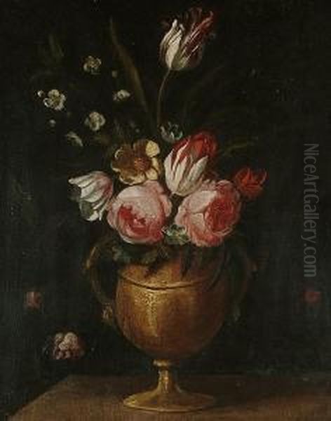 Roses, Tulips, A Yellow Rose And Other Flowers In A Bronze Urn Upon A Table Top Oil Painting by Elisabetta Marchioni