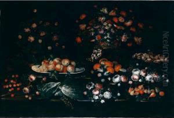 Natura Morta Con Vasi Di Fiori, Funghi E Frutta Oil Painting by Elisabetta Marchioni