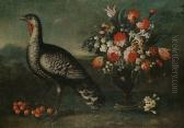 Roses, Tulips, 
Carnations,bluebells And Other Flowers In A Vase With A Turkey And 
Cherries Nearby Oil Painting by Elisabetta Marchioni