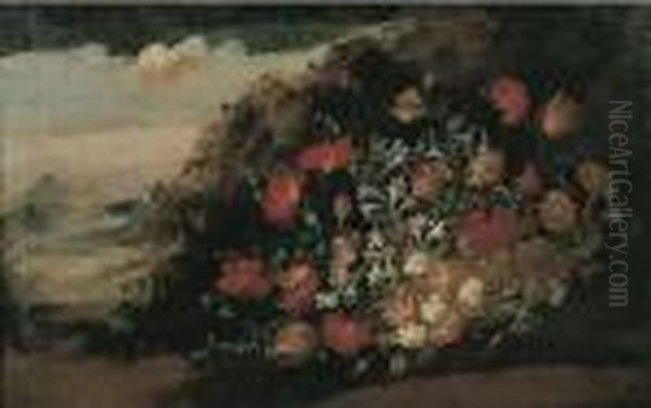 Rose, Garofani, Tulipani, 
Mughetti, Campanule Ed Altri Fiori In Un Cesto Di Vimini, En Plein Air Oil Painting by Elisabetta Marchioni