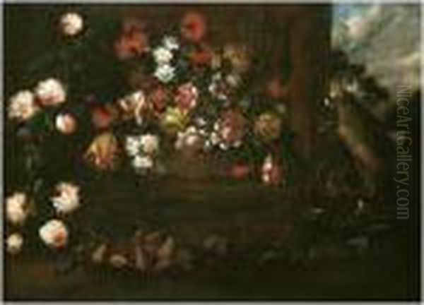 Still Life Of A Wicker Basket Of
 Flowers, Pears, Figs And A Green Parrot In A Classical Garden Oil Painting by Elisabetta Marchioni