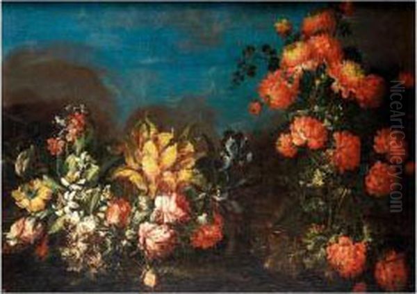 Still Life With Various Flowers In A Landscape Oil Painting by Elisabetta Marchioni