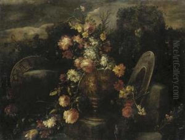 A Garland Of Roses, Carnations, Narcissi And Other Flowers In Abronze Urn On A Plinth Oil Painting by Elisabetta Marchioni