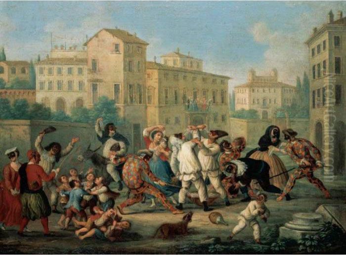 Carnival Scene With Children Dancing And Figures In Oil Painting by Marco Marcola