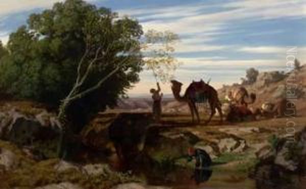 La Halte De La Caravane Dans L'oasis Oil Painting by Prosper-Georges-Antoine Marilhat