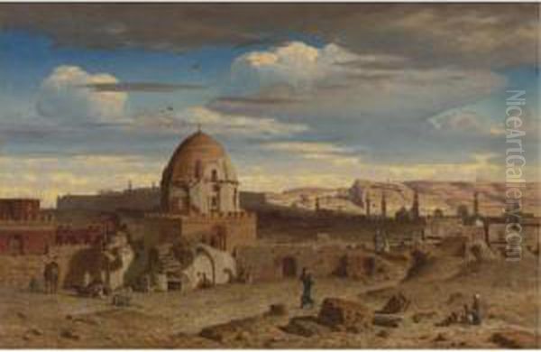View Of The South Of The Necropolis In Cairo With The Citadel Inthe Background Oil Painting by Prosper-Georges-Antoine Marilhat