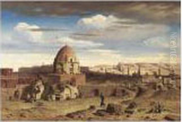 Vue De La Partie Sud De La Necropole Du Caire, Avec La Citadelle A L'arriere-plan Oil Painting by Prosper-Georges-Antoine Marilhat