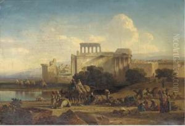 Travellers At An Oasis Oil Painting by Prosper-Georges-Antoine Marilhat