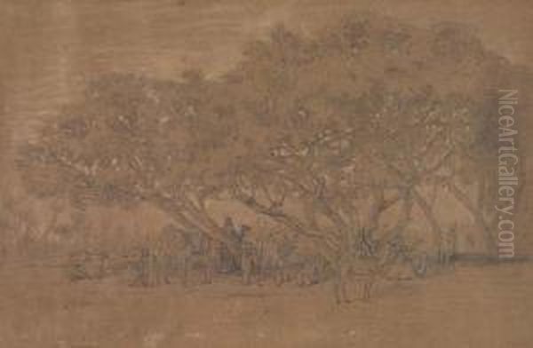 An Oasis With A Caravan Resting Under Banyan Trees Oil Painting by Prosper-Georges-Antoine Marilhat