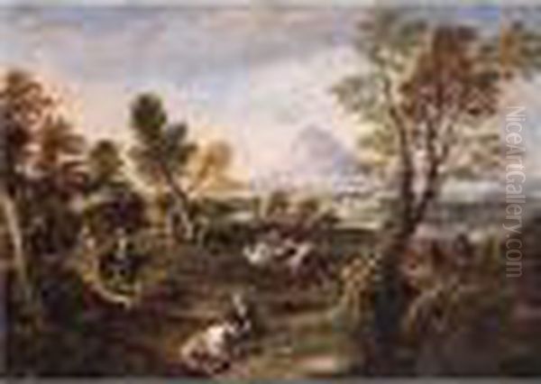 An Extensive River Landscape With An Ambush Oil Painting by Antonio Maria Marini