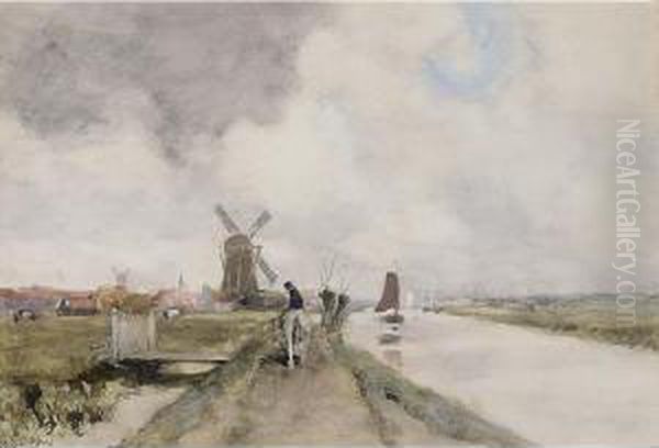 A View Of A Dutch Canal Oil Painting by Willem Maris