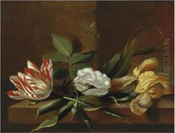 Still Life With A Yellow Iris, A
 Parrot Tulip, A White Rose Andinsects On A Wooden Table Ledge Oil Painting by Jacob Marrel