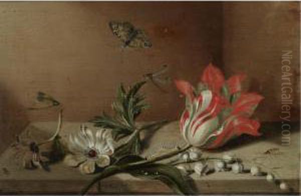 A Still Life With A Tulip, 
Anemones, Lily-of-the-valley, Acaterpillar, A Butterfly And Other 
Insects On A Wooden Ledge Oil Painting by Jacob Marrel