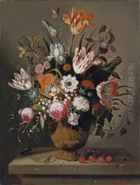 Tulips, Irises, Roses, 
Columbine, Love-in-a-mist, Lily Of The Valley And Other Flowers In A 
Terracotta Vase With Cherries, Crickets And A Stag Beetle On A Stone 
Ledge Oil Painting by Jacob Marrel