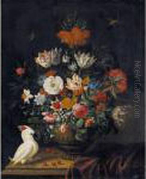 Still Life Of Flowers Including 
Irises, Roses, A Crown Imperial Lily, Marigolds And Parrot Tulips, In A 
Sculpted Stone Vase, With A Cockatoo And Dragonflies Oil Painting by Jacob Marrel
