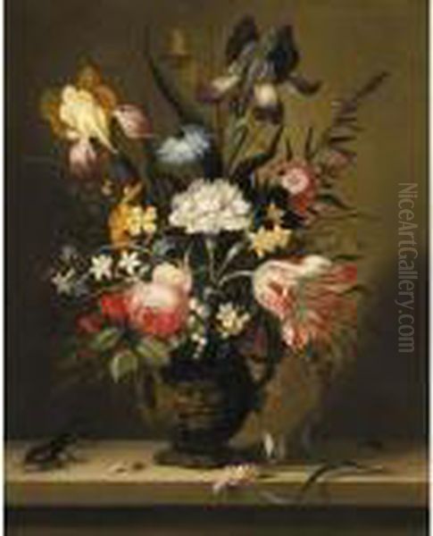 A Still Life Of Flowers, 
Including A Parrot Tulip, Irises And Roses, In A Grotesque Vase With 
Insects And A Stag Beetle On A Stone Ledge Oil Painting by Jacob Marrel