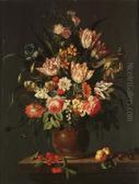 Tulips, Roses, Irises And Other 
Flowers In A Rhenish Stoneware Jug With Applied Medallion, Beside 
Cherries And Nectarines On A Marble Ledge With A Butterfly, A Bee, 
Dragonflies And Other Insects Oil Painting by Jacob Marrel