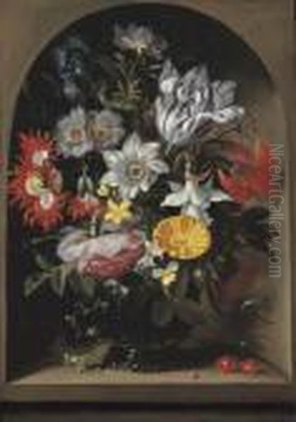 Anemones, A Tulip, An Opium 
Poppy And Other Flowers In A Glassvase, With A Sand Lizard And A 
Ladybird, In A Stone Niche Oil Painting by Jacob Marrel