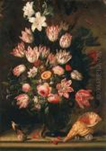 Parrot Tulips, Roses, Lilies, An
 Iris And Other Flowers In A Nicheon A Stone Shelf, With Shells, 
Cherries, A Lizard, A Stag Beetle, Akingfisher, Butterflies, A 
Dragonfly, A Bee, A Grasshopper Andother Insects In A Recess Oil Painting by Jacob Marrel