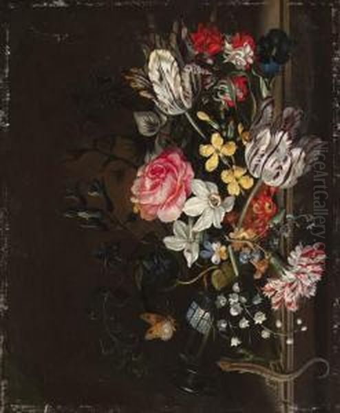 Parrot Tulips, Narcissi, Morning
 Glory, Forget-me-nots, A Rose, Acarnation, Lily Of The Valley, 
Colombine And Other Flowers Spillingout Of An Upturned Glass Vase, With A
 Butterfly And A Lizard Oil Painting by Jacob Marrel