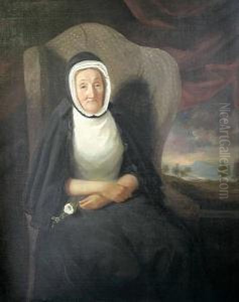 Three-quarter Length Portrait Of
 Marion Robertson Russell, Seated, Holding A White Rose, Landscape 
Behind Oil Painting by Henry Martens