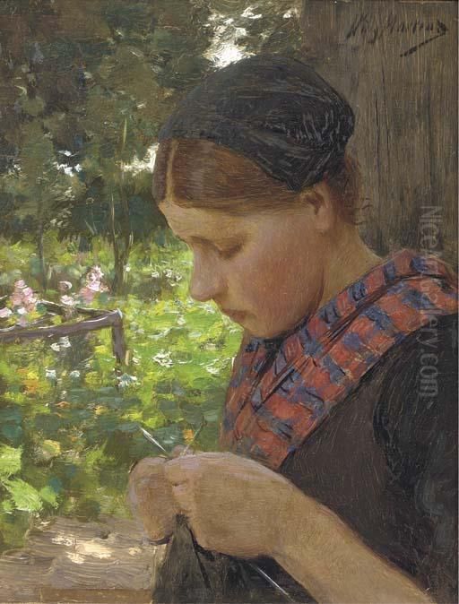 A Girl Knitting Oil Painting by Willy Martens