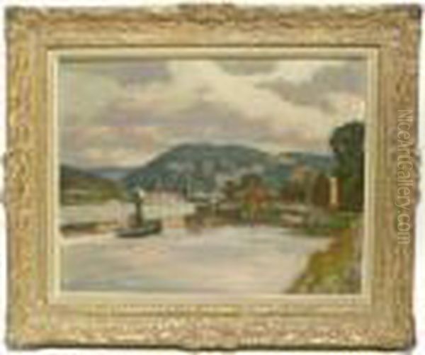 La Meuse 
A Huy Oil Painting by Alfred Martin
