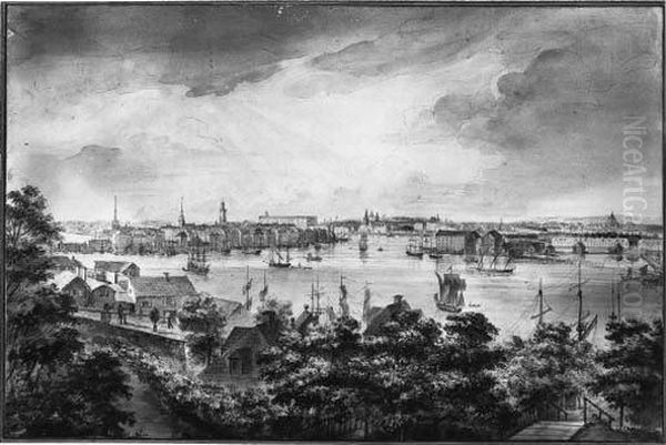 A View Of Stockholm From Soder 
With The Royal Palace, Storkyrkan,riddarholmskyrkan And Tyskakyrkan Oil Painting by Elias Martin
