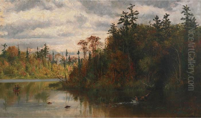 Two Hunters In A Canoe Persuing Their Prey Oil Painting by Thomas Mower Martin