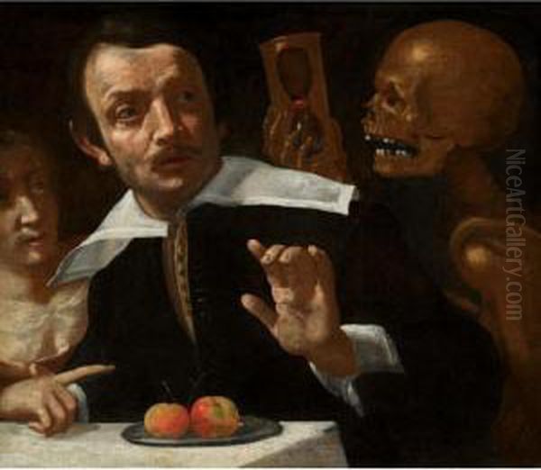 A Vanitas Scene With Death 
Holding An Hour Glass Behind A Startled Man, ('death At The Table') Oil Painting by Giovanni Martinelli