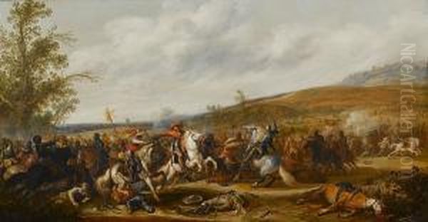 An Extensive Landscape With A 
Cavalry Skirmish, An Officer On A White Charger At The Centre Oil Painting by Jan the Younger Martszen
