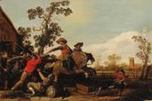 Cavalrymen Raiding The Swan Inn Oil Painting by Jan the Younger Martszen