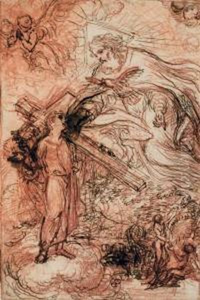 Dieu Le Pere Apparaissant Au 
Christ Enfant Portant La Croix Sur Des Nuages Et Adam Et Eve Au Paradis Oil Painting by Agostino Masucci