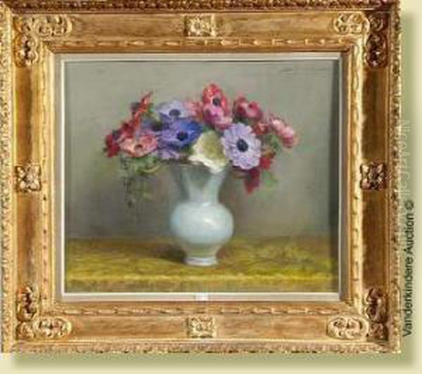 Vased'anemones, Pastel Sur 
Papier. Signe En Haut A Droite E. Masson.ecole Belge. Dim.: 50x60cm Oil Painting by Edouard Masson