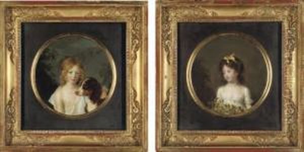 Portrait Of John Archer, 
Half-length, In A White Shirt, With A Dog By His Side; And Portrait Of 
Madame Auguste Rosset, Nee Anna Archer, Aged 8, Half-length, In A White 
Dress, A Yellow Ribbon In Her Hair, Holding An Apple Branch Oil Painting by Firmin Massot