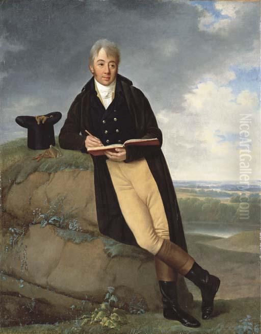 Portrait Of A Gentleman, 
Full-length, In Buff Breeches With A Dark Blue Jacket, Sketching, His 
Top-hat And Gloves On A Rock Beside Him, A Landscape Beyond Oil Painting by Firmin Massot