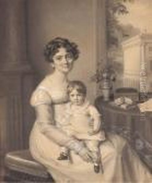 Portrait De Madame Hottinguer, 
Nee Delessert, Avec Son Filsbenjamin Dans Un Interieur Avec Un Bouquet 
De Fleurs Et Des Livressur Une Table, Un Edifice Avec Des Colonnes Au 
Second Plan Oil Painting by Firmin Massot