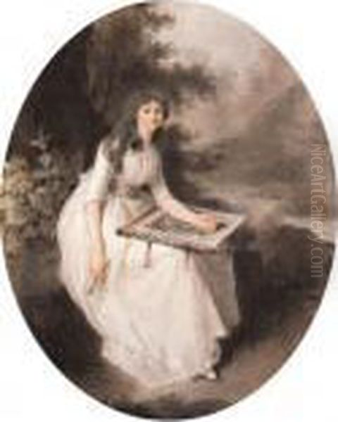 A Young Lady Seated Under A Tree
 With A Portfolio Of Drawings, Anextensive River Landscape Beyond Oil Painting by Firmin Massot