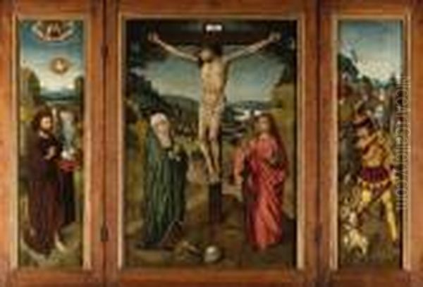 A Triptych; Central Panel: The 
Crucifixion With The Virgin Andsaint John The Evangelist; Wings: Saint 
John The Baptist, Thebaptism Of Christ Beyond; And Saint George Slaying 
The Dragon; Andthe Annunciation En Grisaille (on The Reverse) Oil Painting by The Master Of Frankfurt