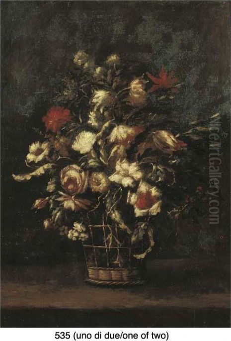 Tulipani, Garofani, Rose, 
Campanule E Altri Fiori In Un Cesto Divimini Su Un Piano Di Pietra; E 
Tulipani, Rose, Garofani, Gelsominoe Altri Fiori In Un Cesto Di Vimini 
Su Un Piano Di Pietra Oil Painting by Master Of The Guardeschi Flowers