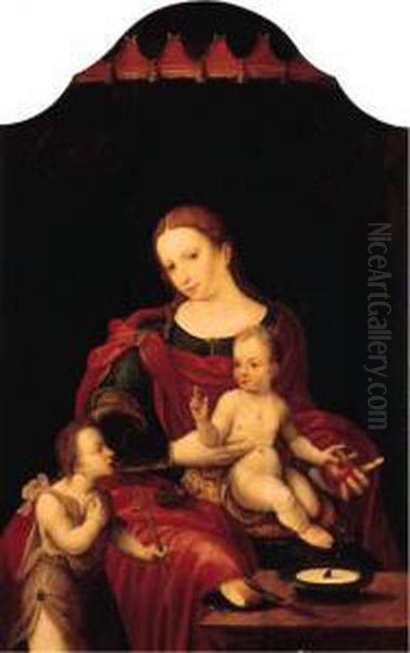 The Madonna And Child Enthroned 
With The Infant Saint John Thebaptist - Central Compartment Of An 
Altarpiece Oil Painting by Master Of The Prodigal Son