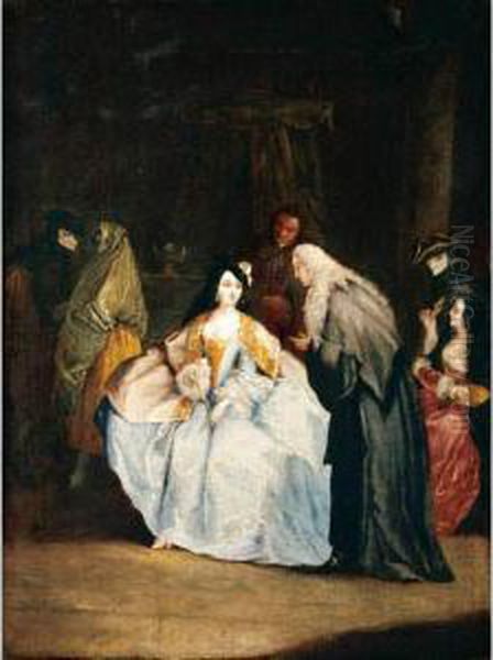 A Meeting Between A Procurator 
And His Wife In An Interior With Other Masqueraded Figures Oil Painting by Master Of The Riflessi