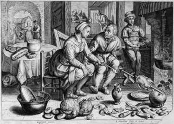 Kuchenstuck Mit Einer Geflugel 
Rupfenden Magd; Kuchenstuck Miteinem Mann Und Einer Frau Beim Grillen 
Eines Huhns Oil Painting by Jacob Matham