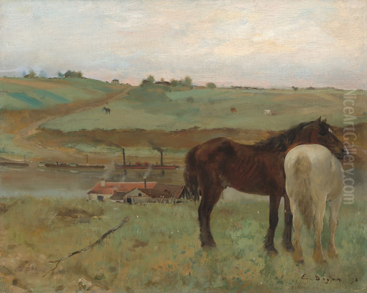 Horses in a Meadow Oil Painting by Edgar Degas