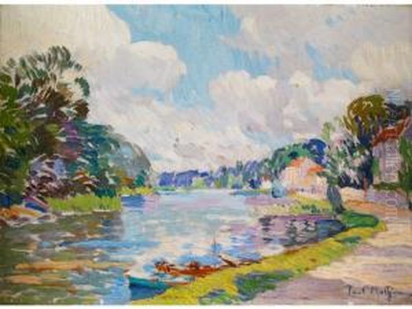 Seine-landschaft Mit Kahn Amufer Oil Painting by Paul Mathieu