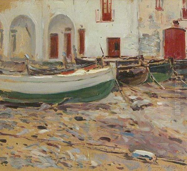 Barcas Varadas En La Arena. Oil Painting by Segundo Matilla