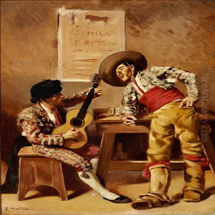 A Bullfighter And A Guitarist In A Tap Room Oil Painting by Segundo Matilla