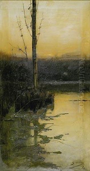 Laguna Y Arbol. Oil Painting by Segundo Matilla